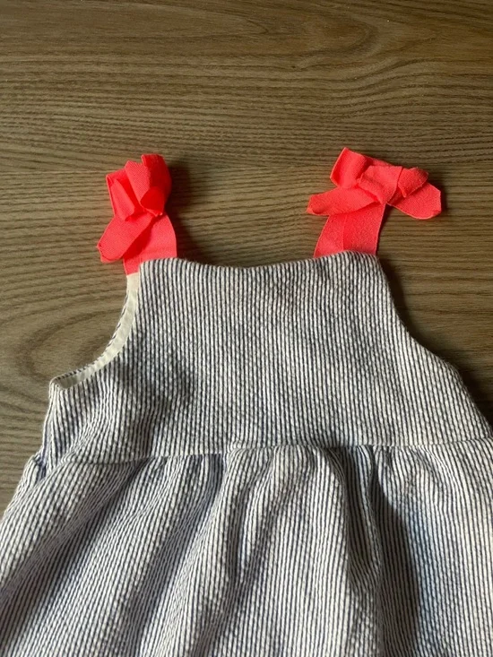 Girls Seersucker Stripe Dress with Coral Bow Straps - Picture 7 of 13